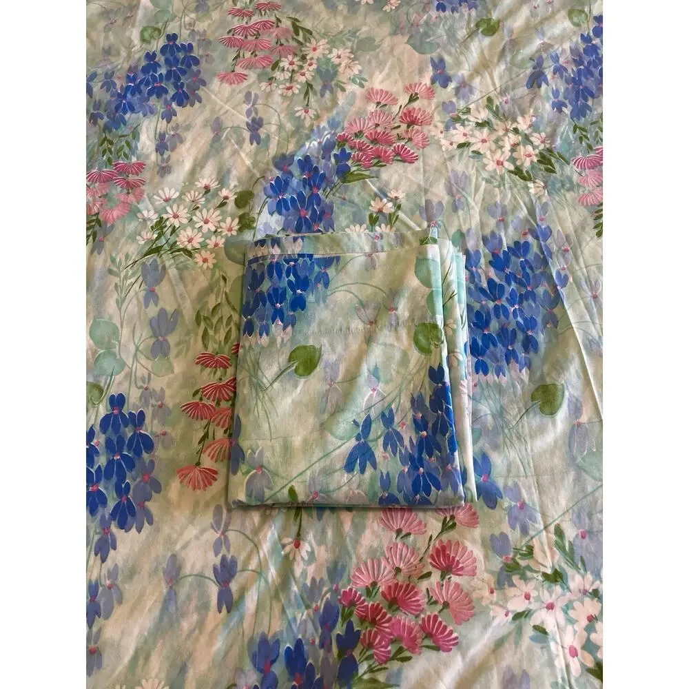 Cannon Royal Family Shangrila Flat Sheet Blue Floral Pink White Flowers Duvet Co